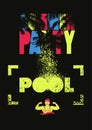 Summer Pool Party typographic grunge vintage poster design with palm trees and retro swimmer. Retro vector illustration. Royalty Free Stock Photo